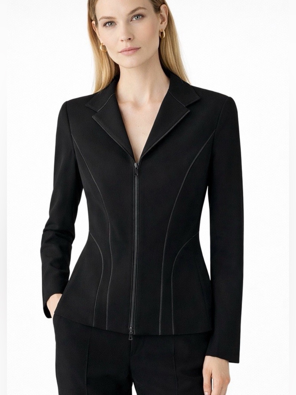 Lafayette 148 New York Scuba Front Zip Blazer Black 16W NWT $698